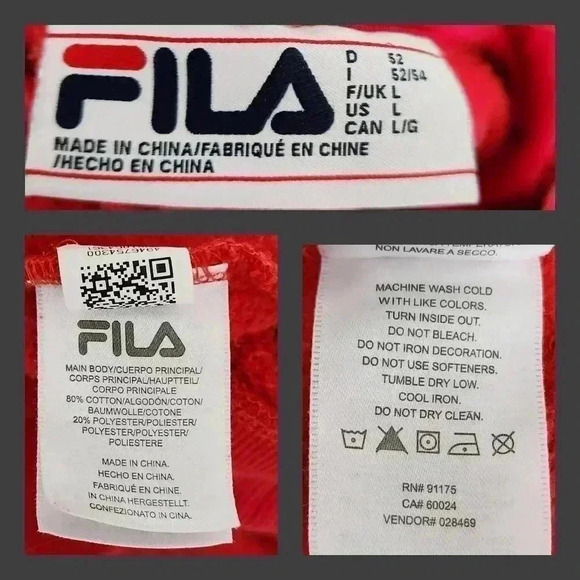 Fila Men’s L Red Pullover Hoodie Large Logo Sweatshirt Kangaroo Pocket - Picture 8 of 8